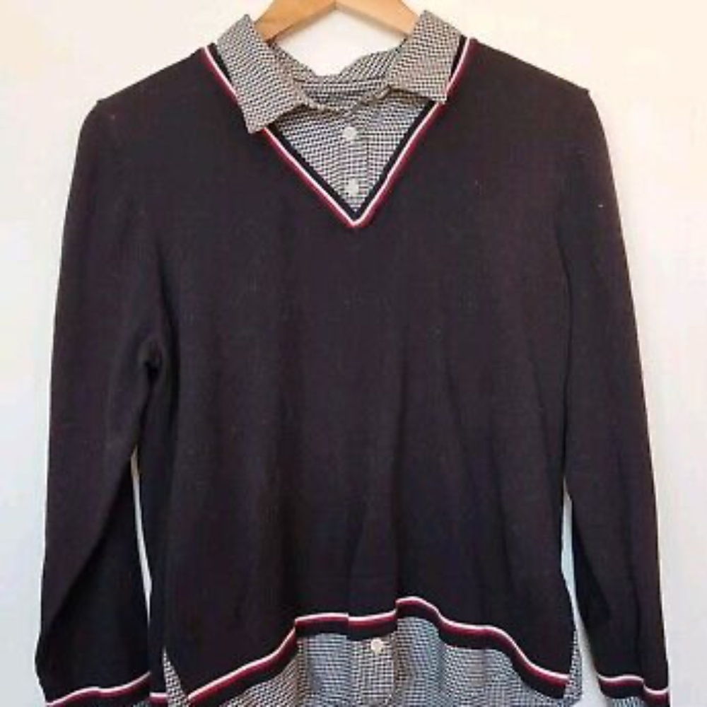 Tommy Hilfiger Sweater Top Women's Large Black White  Shirt Tails